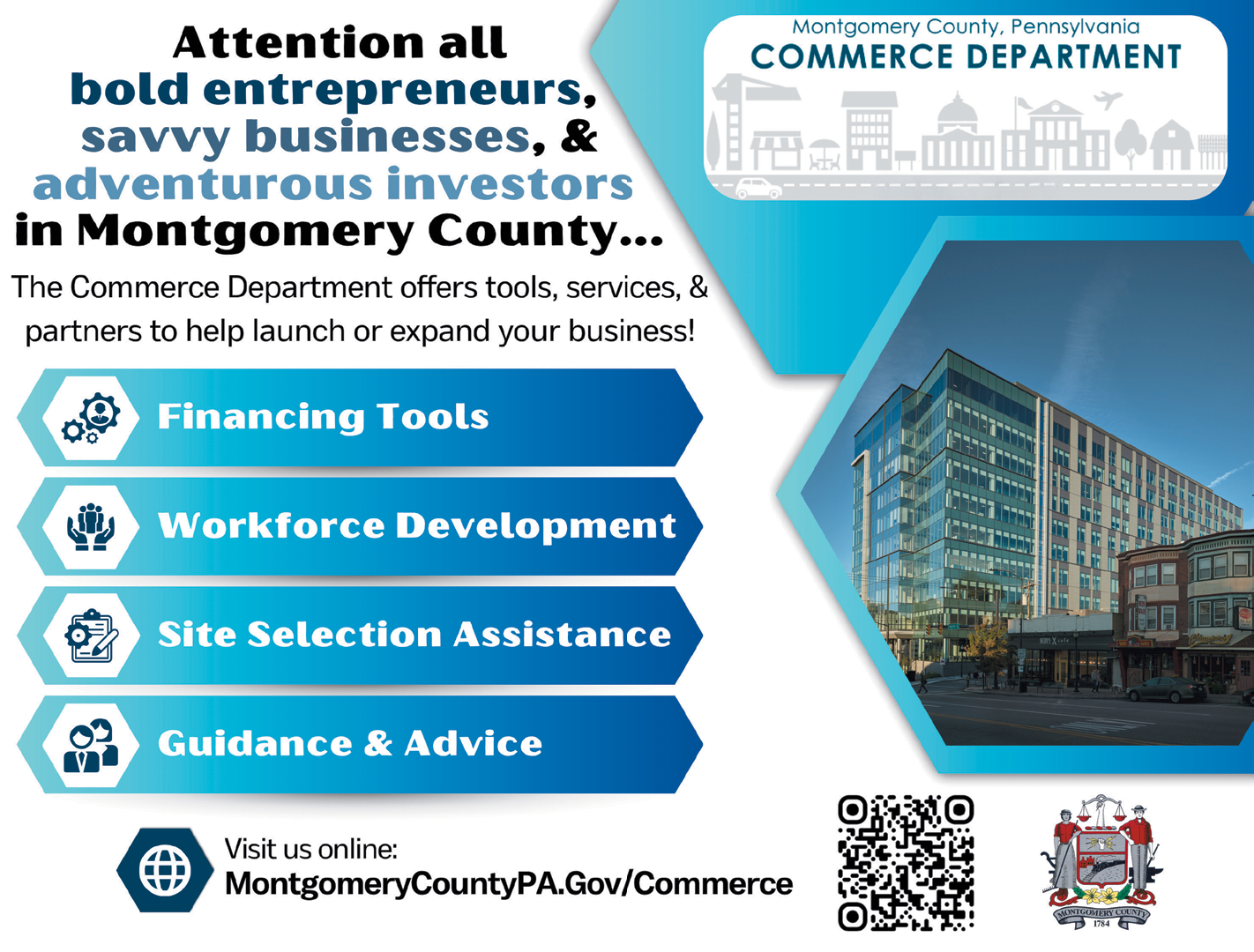 A flyer advertising the Commerce Department in Montgomery County. AI generated content