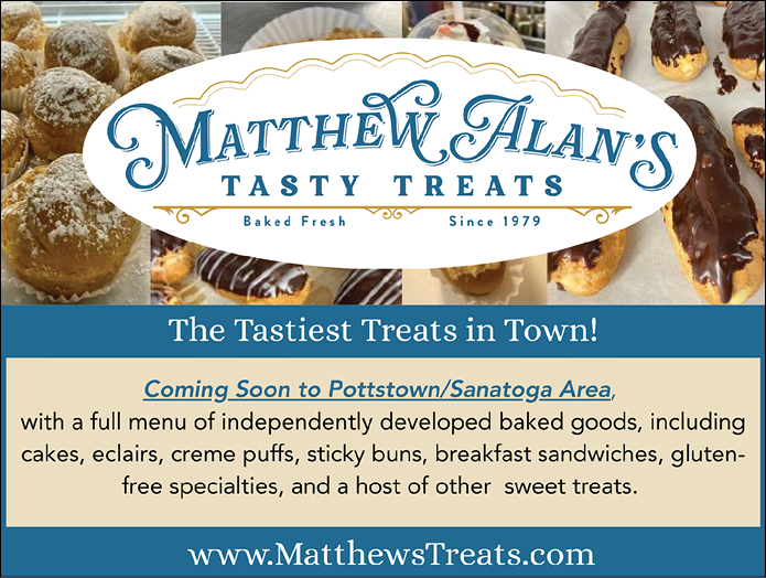 A bakery is advertising their treats, including chocolate and vanilla donuts, cakes, and other sweet treats. AI generated content