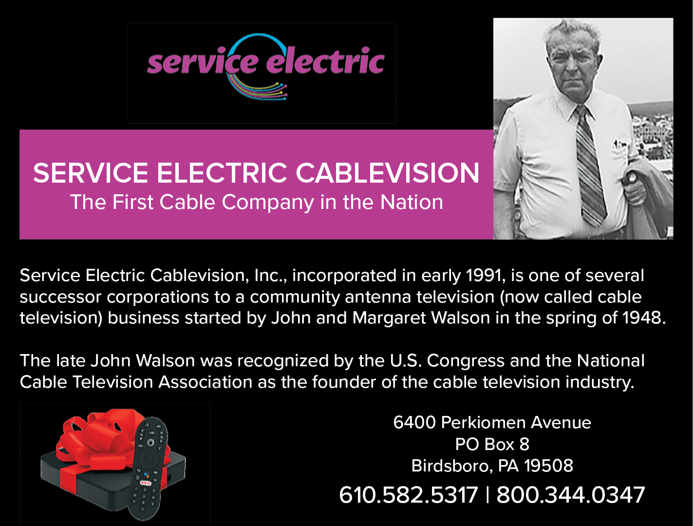An advertisement for Service Electric Cablevision, featuring a man in a suit and tie. AI generated content