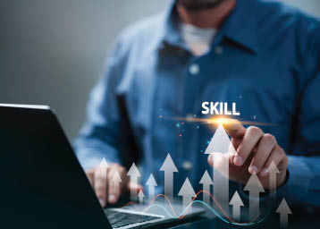 Up skill and personal development concept. employee pointing arrow to upskill or reskill, kill training, education, learning, ability, knowledge and competency for digital transformation.