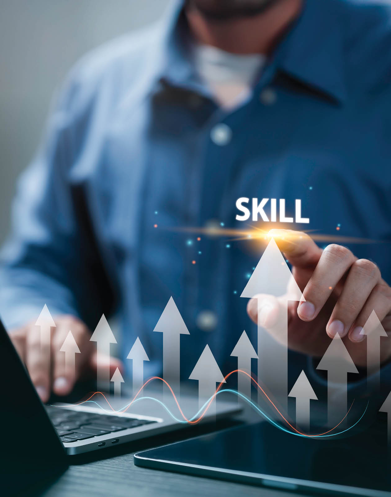 Up skill and personal development concept. employee pointing arrow to upskill or reskill, kill training, education, learning, ability, knowledge and competency for digital transformation.