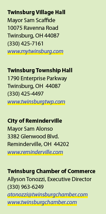 Twinsburg Village Hall Mayor Sam Scaffide 10075 Ravenna Road Twinsburg, OH 44087 (330) 425 7161 www.mytwinsburg.com T...