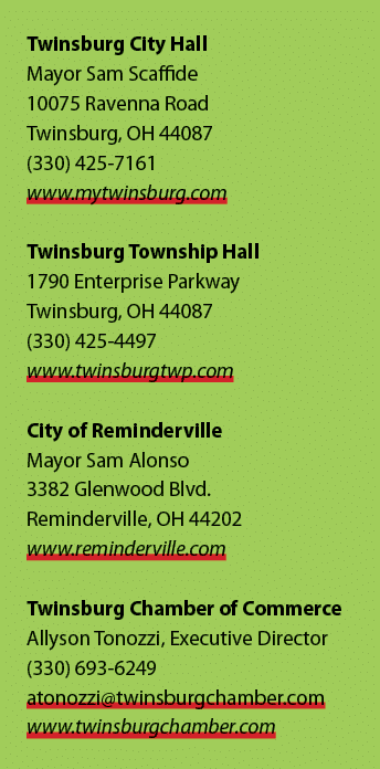 Twinsburg City Hall Mayor Sam Scaffide 10075 Ravenna Road Twinsburg, OH 44087 (330) 425 7161 www.mytwinsburg.com Twin...