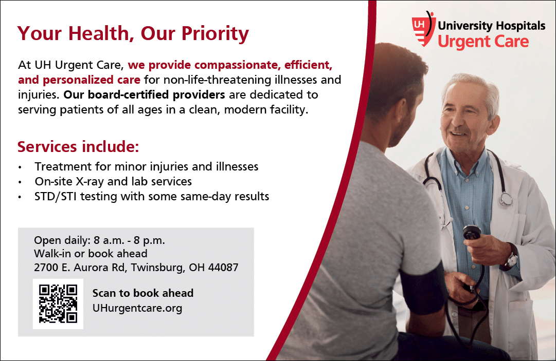A white sign with black letters that says University Hospital Urgent Care. Description generated by AI