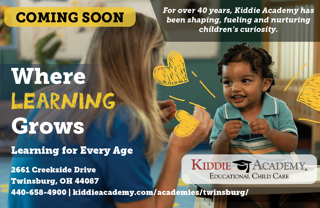 A white sign with black letters that says “Kiddie Academy Twinsburg 7 x 24 4 x 7 7 x 8 4 x 8 7 x 10 4 x 10 7 x 12 4 x 12". Description generated by AI