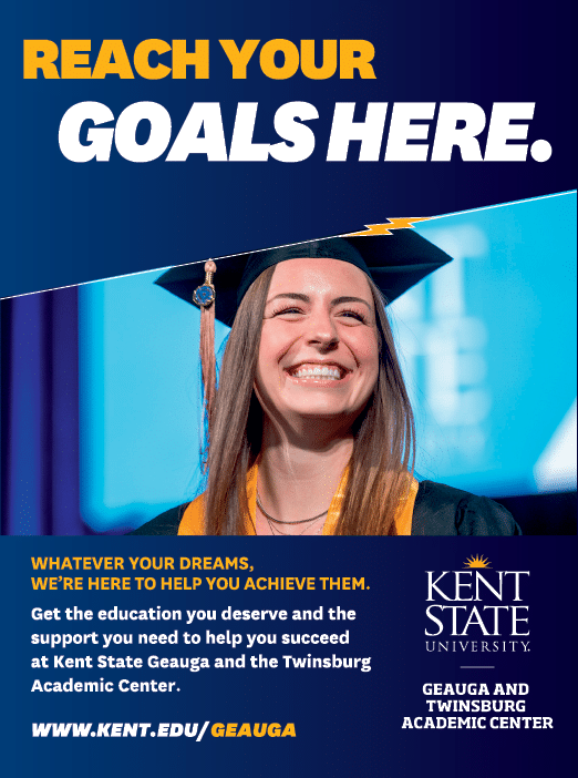 A white sign with black letters that says “Kent State University, Twinsburg Academic Center, 326 48th St. NW, Twinsburg, Ohio 44084." Description generated by AI