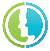 A blue and green circle with a man and woman's face in it. Description generated by AI