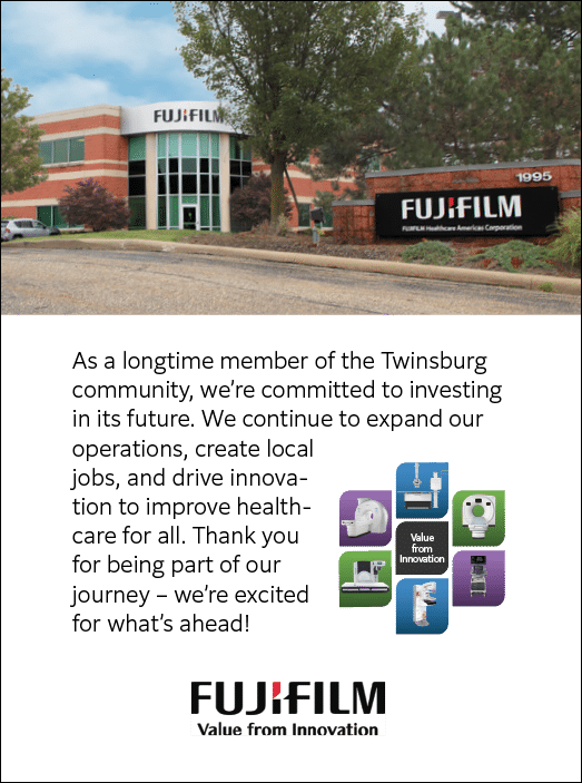 A white and black poster with the text “Fuji Film Healthcare America Corporation". Description generated by AI