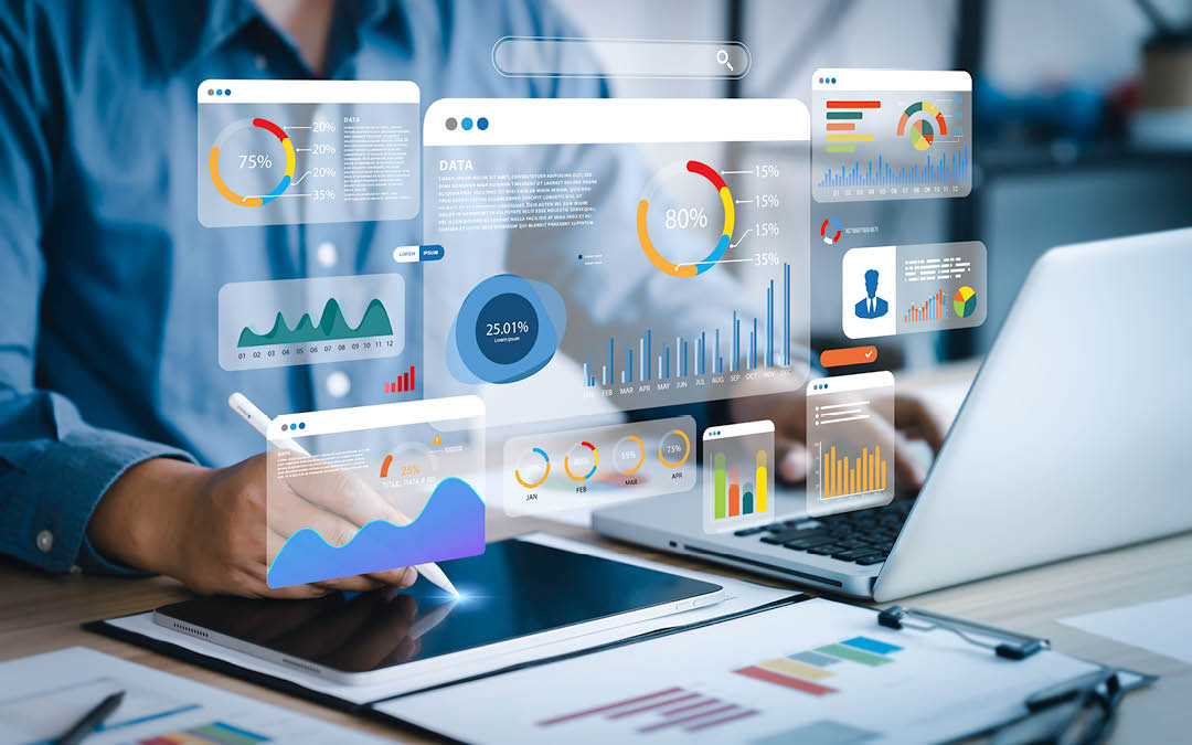 A laptop with graphs and charts on the screen. Description generated by AI