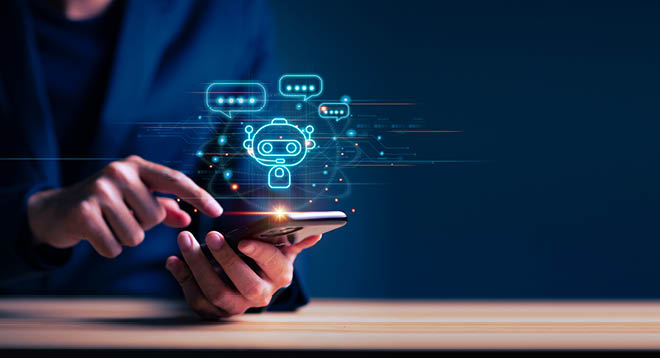 A person is holding a cell phone with a blue background. Description generated by AI