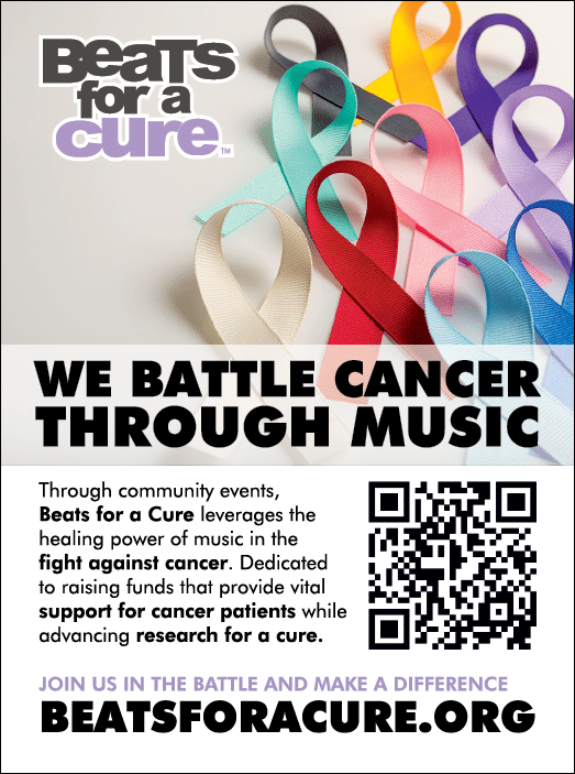 A poster with the words “Beats for a Cure" written on it. Description generated by AI