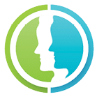 A blue and green circle with a man and woman's face in it. Description generated by AI