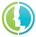 A blue and green circle with a man and woman's face in it. Description generated by AI