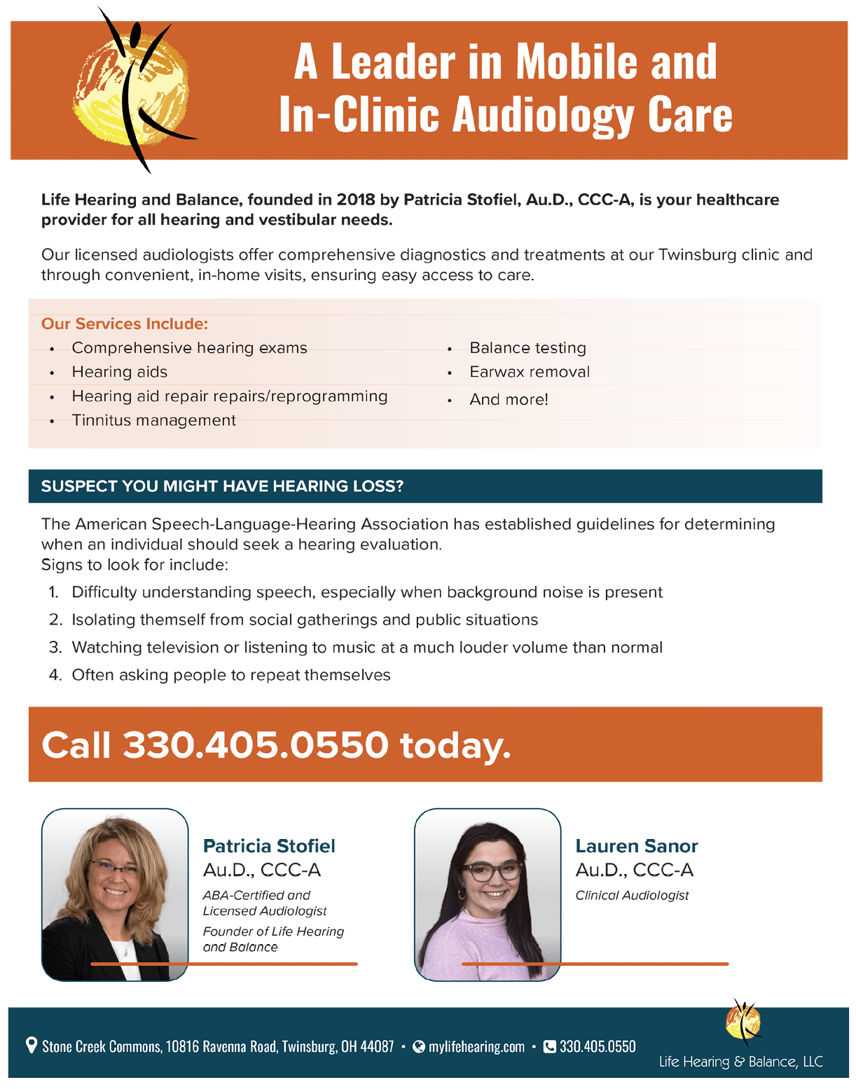 An advertisement for a mobile and in-clinic audiology care service featuring text about hearing tests and hearing aids, a call to action with a phone number, and photos of two adults with their names and titles. Description generated by AI
