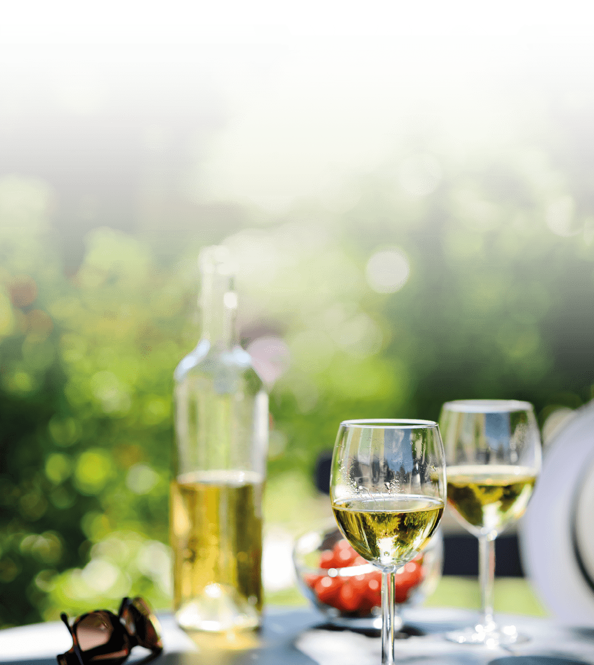 two glass of cool white wine with bottle outdoor in restaurant terrace during a sunny summer day
