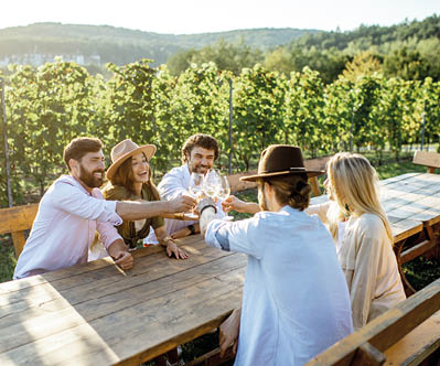 Group of a young people drinking wine and talking together while sitting at the dining table outdoors on the vineyard on a sunny evening