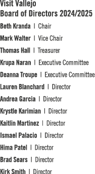 Visit Vallejo Board of Directors 2024/2025 Beth Kranda | Chair Mark Walter | Vice Chair Thomas Hall | Treasurer Krupa...