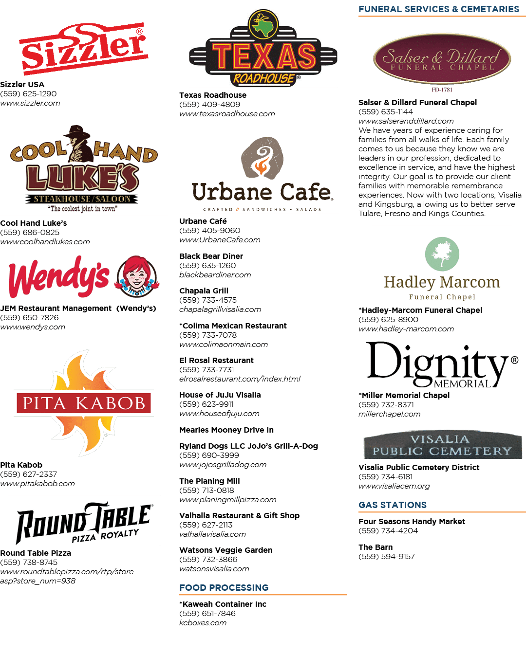 Sizzl￼er USA (559) 625 1290 www.sizzler.com Cool Ha￼nd Luke’s (559) 686 0825 www.coolhandlukes.com JEM Restau￼rant Ma...