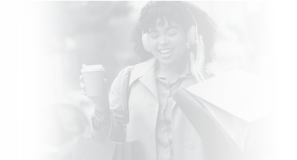 Headphones, shopping bag or happy woman in city for boutique retail sale, or clothes discount deal. Coffee, financial freedom or rich customer walking on street streaming radio music with fashion