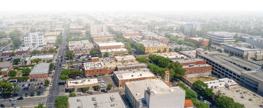 Aerial View of Downtown Visalia, California during Spring