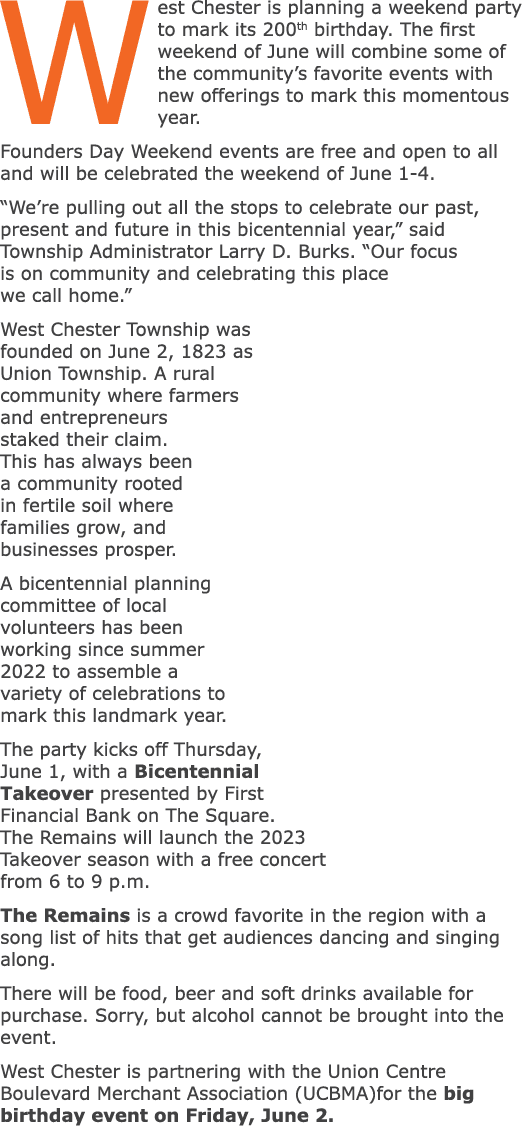 West Chester is planning a weekend party to mark its 200th birthday. The first weekend of June will combine some of t...