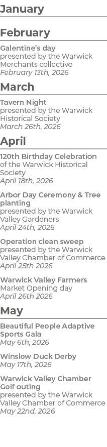 January February Galentine’s day presented by the Warwick Merchants collective February 13th, 2026 March Tavern Night...