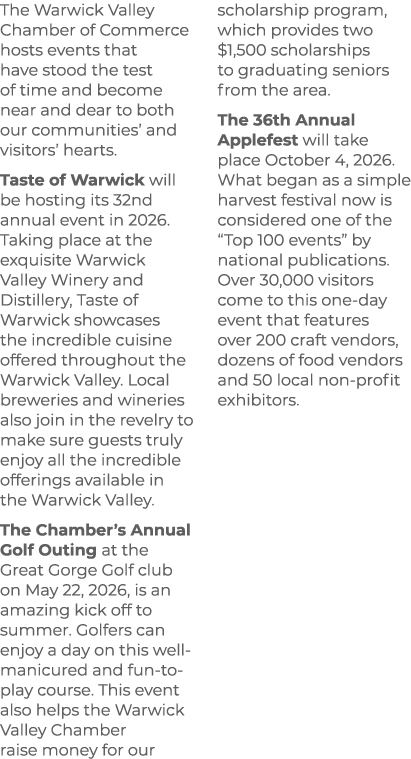 The Warwick Valley Chamber of Commerce hosts events that have stood the test of time and become near and dear to both...