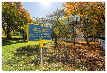Warwick, United States – October 18, 2022: A bright fall day with park and buildings in Warwick village, New York, United States