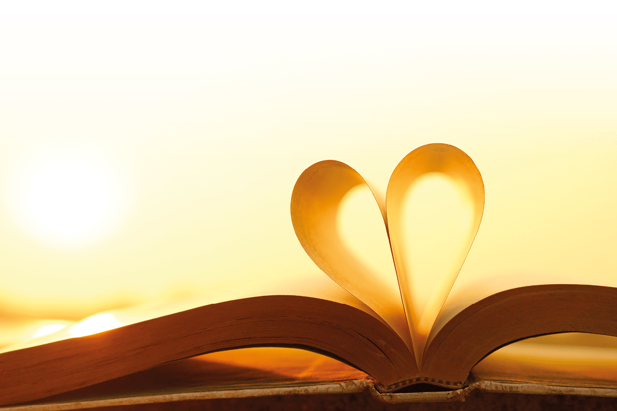 Heart from book pages with warm sunlight