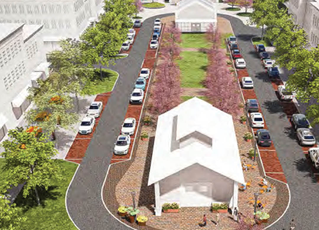 A white car is driving down a street with a white building in the background. AI generated content