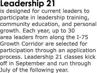 Leadership 21 is designed for current leaders to participate in leadership training, community education, and persona...