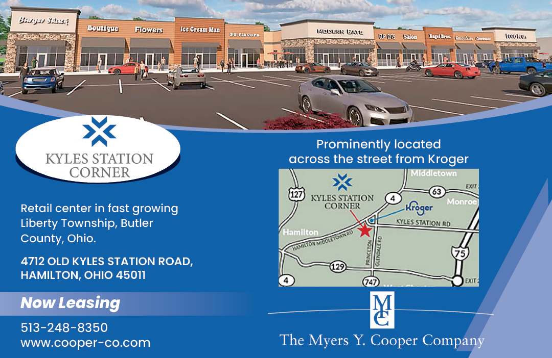 A blue and white advertisement for Kyle's Station. Description generated by AI