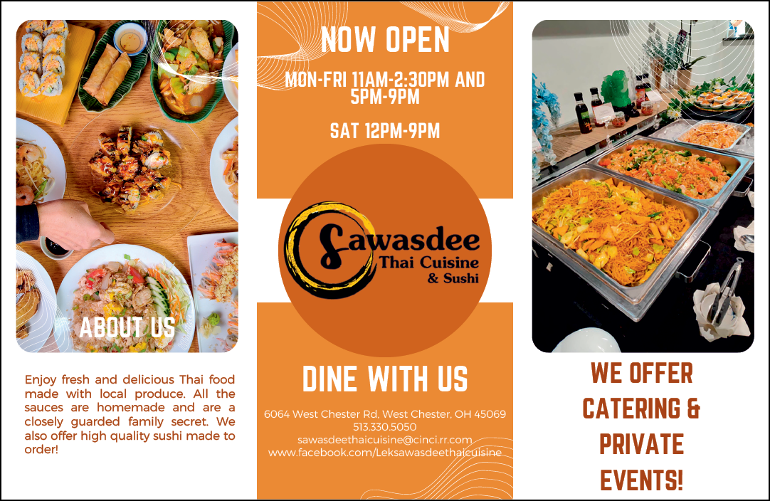 A flyer for a restaurant with a picture of food and a picture of a person. Description generated by AI