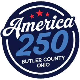 A blue and white sign that says “America 250" with a star on it. Description generated by AI