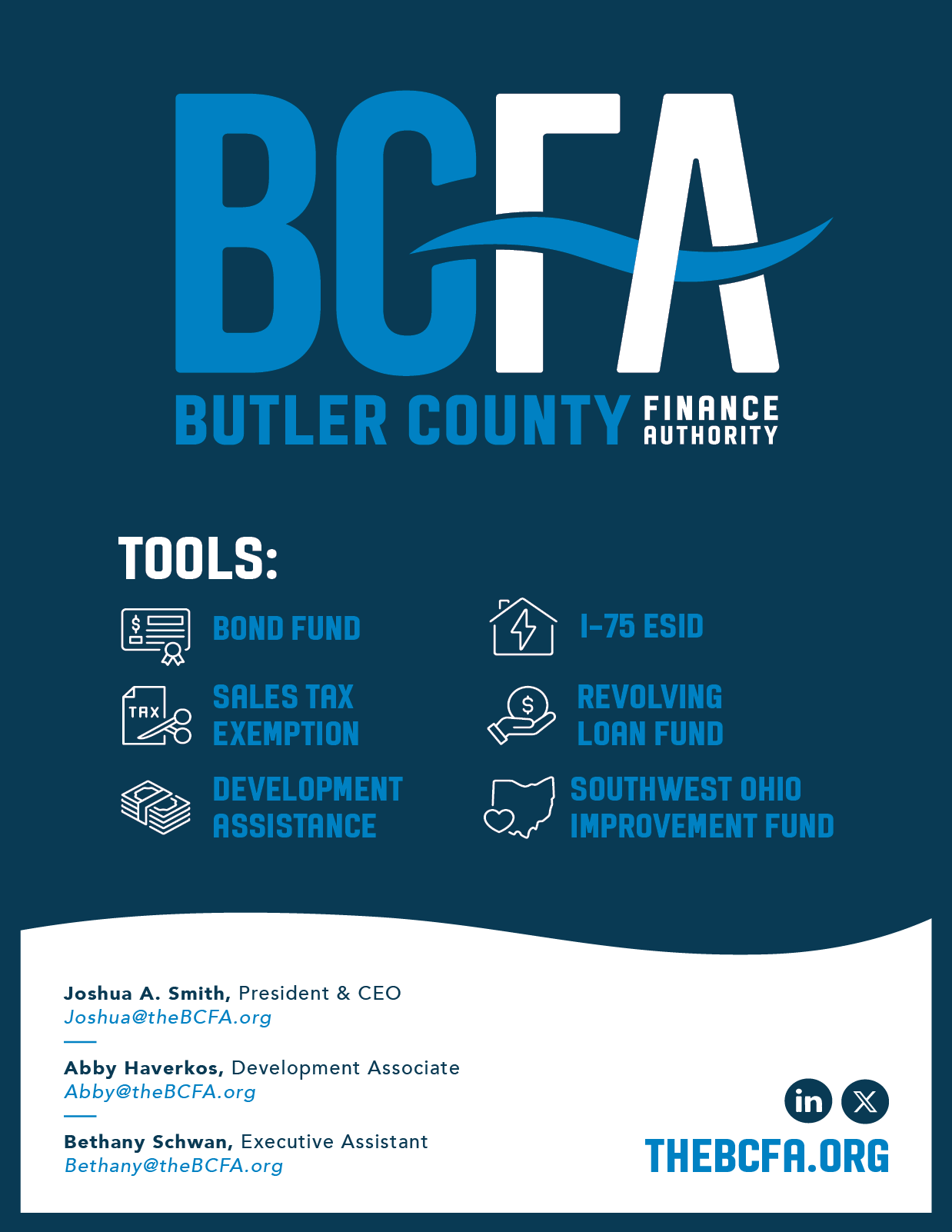 A blue and white poster advertising BCA. Description generated by AI