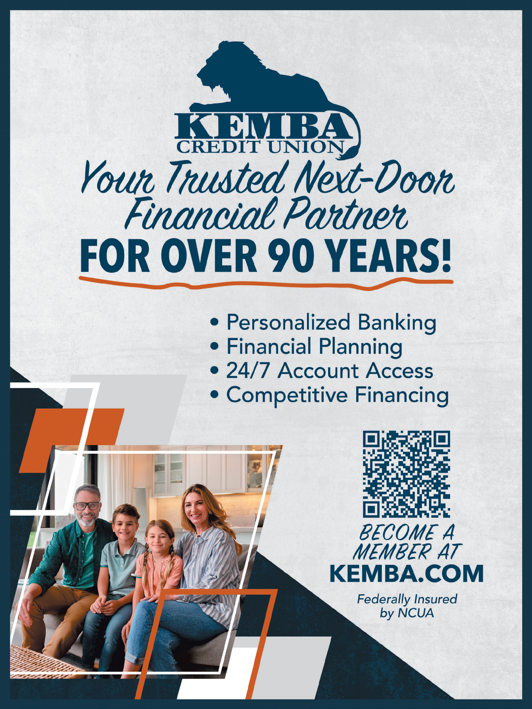 A family sitting in a living room with a sign that says “Kemba Your Trusted Next-Door Financial Partner for Over 90 Years!" Description generated by AI