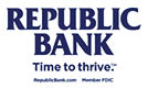 A blue and white logo for the Republic Bank. Description generated by AI