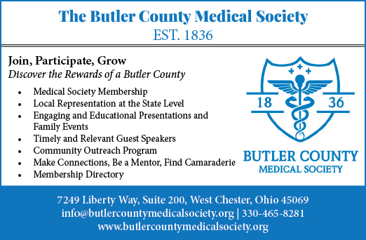 A blue and white logo for the Butler County Medical Society. Description generated by AI