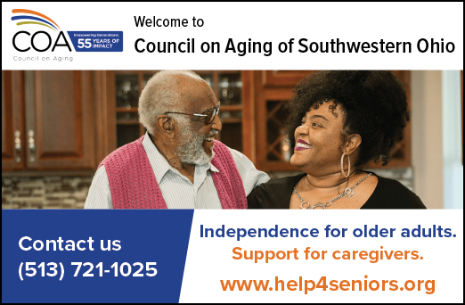 A man and woman are on a flyer for the Council on Aging of Southwestern Ohio. Description generated by AI