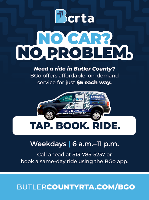 A blue and white advertisement for a book ride. Description generated by AI
