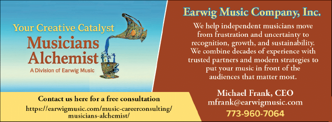 A business advertisement for Earwig Music Company, Inc. features a musician's alchemist logo and a phone number for Michael Frank, the company's CEO. AI generated content