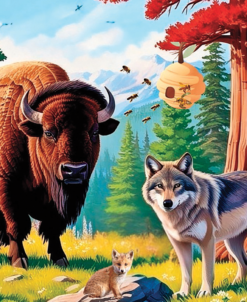 A buffalo is standing next to a wolf in a painting. AI generated content