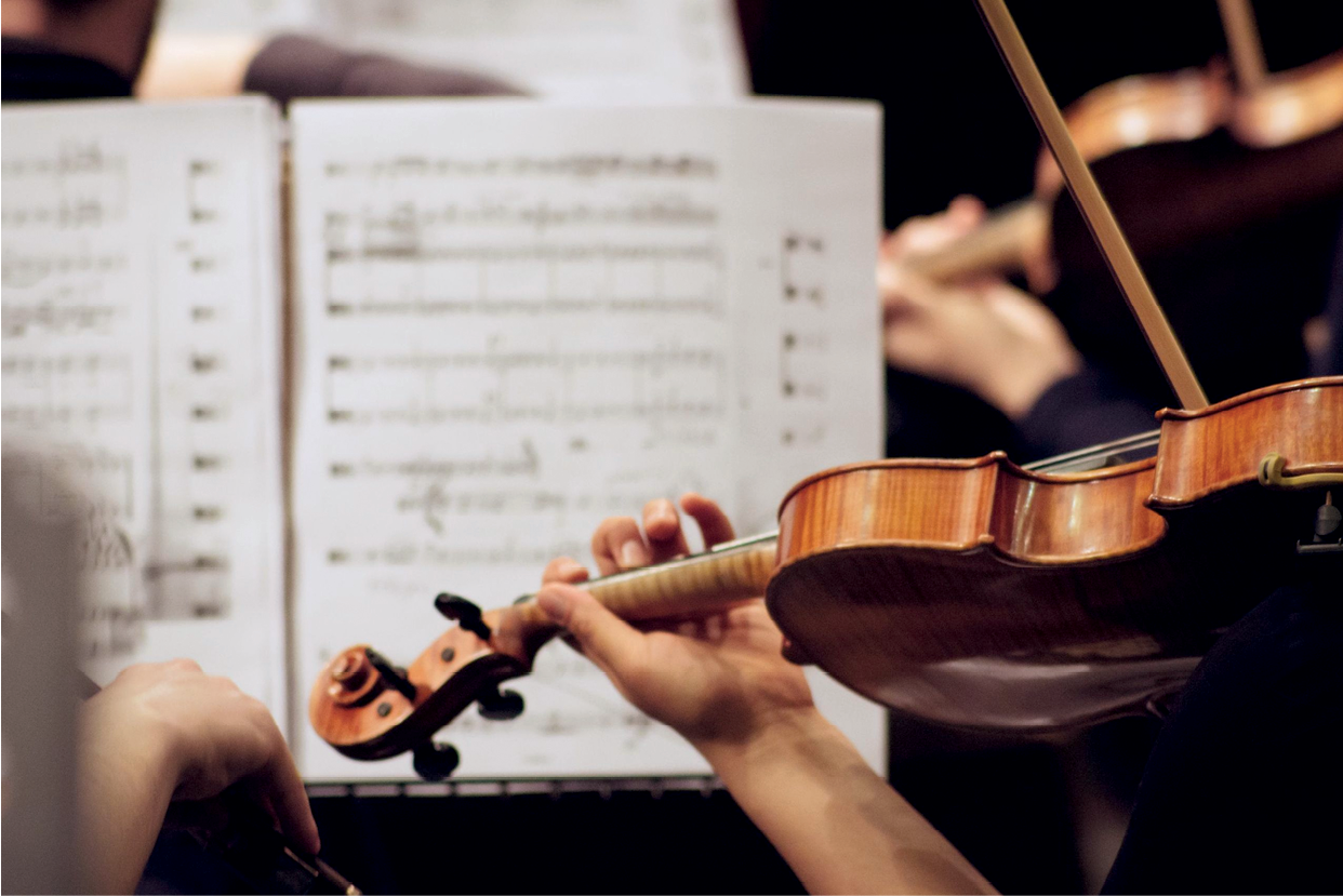 Violinist female playing in orchestra close up
