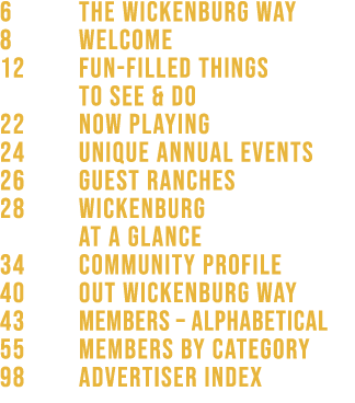 6 the Wickenburg Way 8 Welcome 12 fun Filled Things to See & Do 22 Now Playing 24 unique Annual Events 26 Guest Ranch...