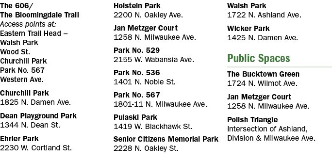 The 606/ The Bloomingdale Trail Access points at: Eastern Trail Head – Walsh Park Wood St. Churchill Park Park No. 56...