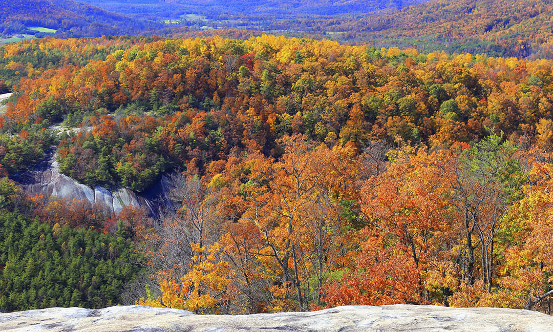Scenic view from a hiking trail atop Stone Mountain, located in Stone Mountain State Park in the Blue Ridge mountains near Roaring Gap, North Carolina