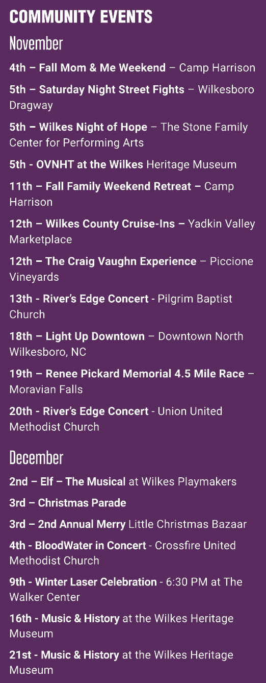 Community Events November 4th – Fall Mom & Me Weekend – Camp Harrison 5th – Saturday Night Street Fights – Wilkesboro...