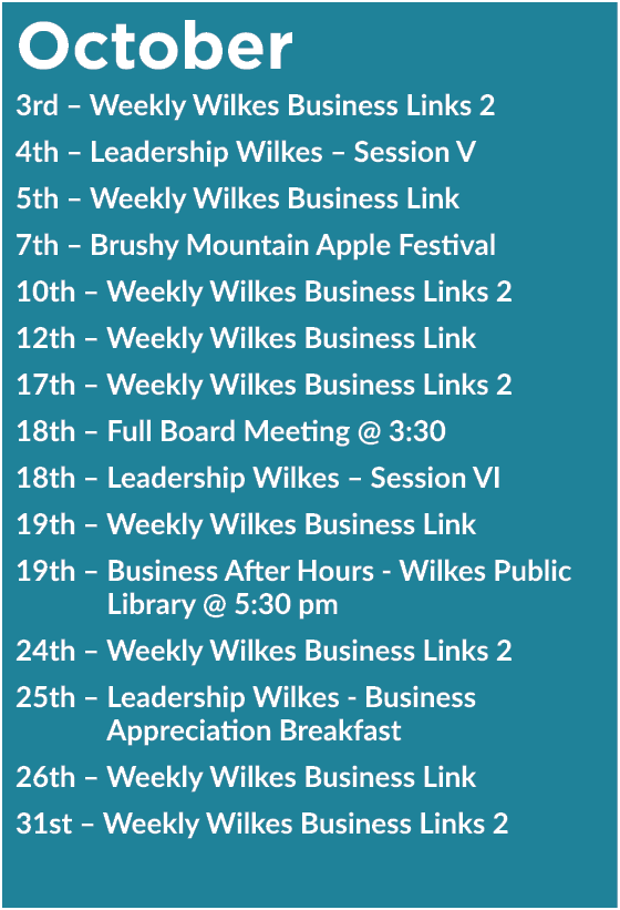 October 3rd – Weekly Wilkes Business Links 2 4th – Leadership Wilkes – Session V 5th – Weekly Wilkes Business Link 7t...