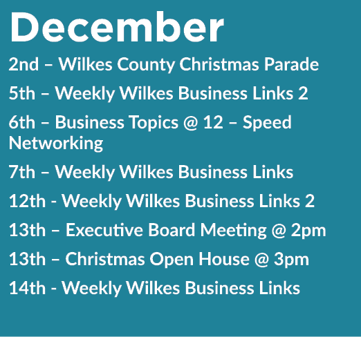 December 2nd – Wilkes County Christmas Parade 5th – Weekly Wilkes Business Links 2 6th – Business Topics @ 12 – Speed...