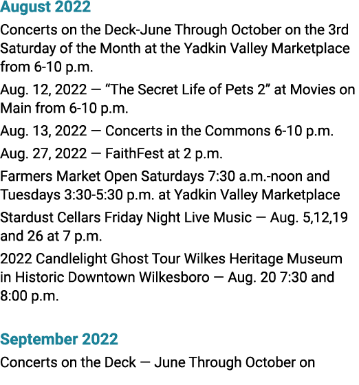 August 2022 Concerts on the Deck-June Through October on the 3rd Saturday of the Month at the Yadkin Valley Marketpla   